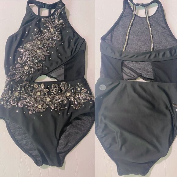 Five 5 Dance costume solo custom black leotard rhinestoned PA petite Small adult - Picture 3 of 12